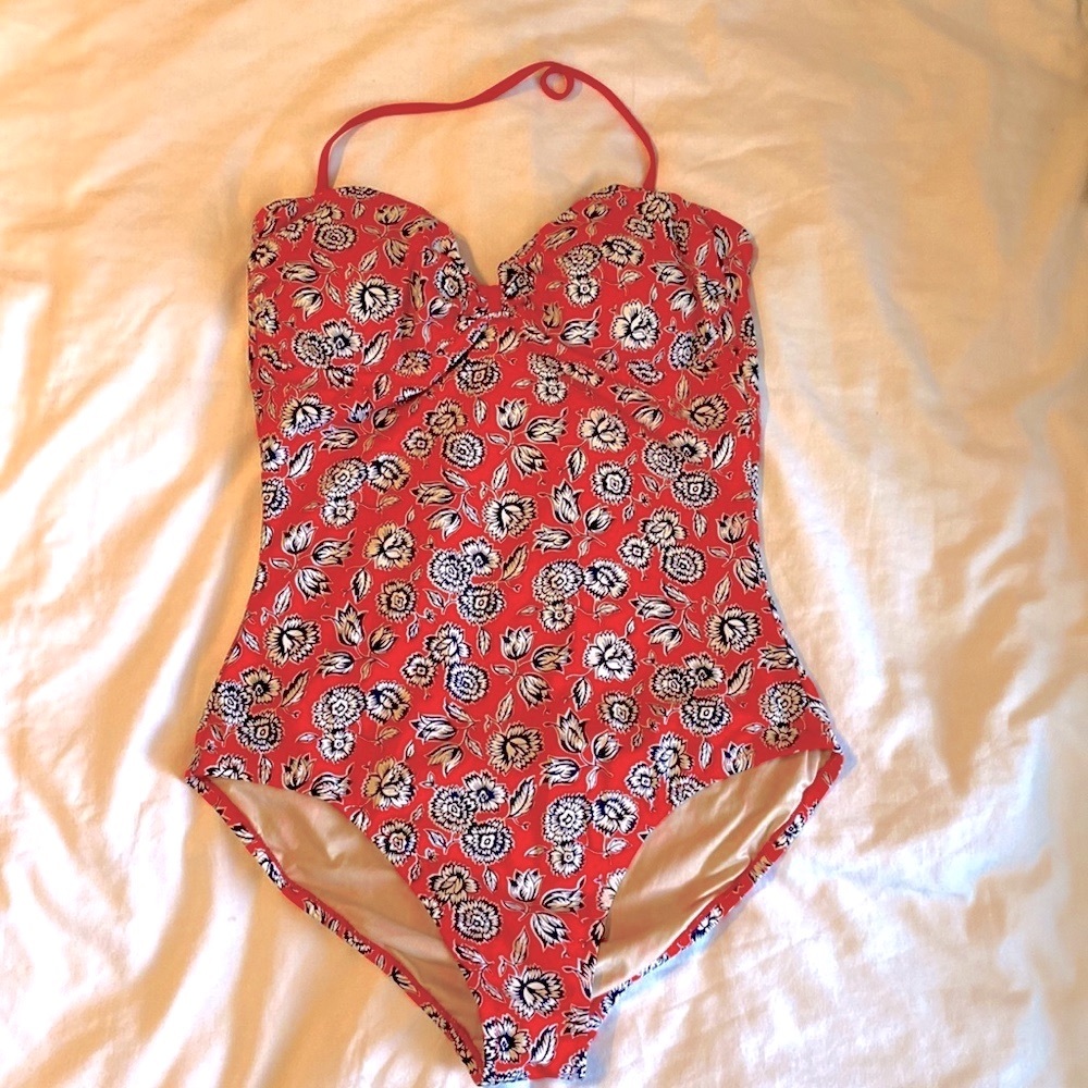 J. Crew Red and Black Floral One Piece Bathing Suit Size 10